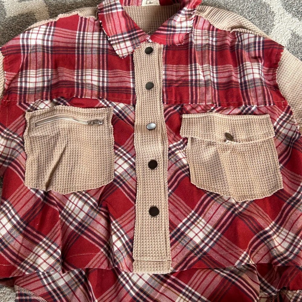 Contrast Chest Pocket Red and Tan Plaid Button Down Shirt Jacket